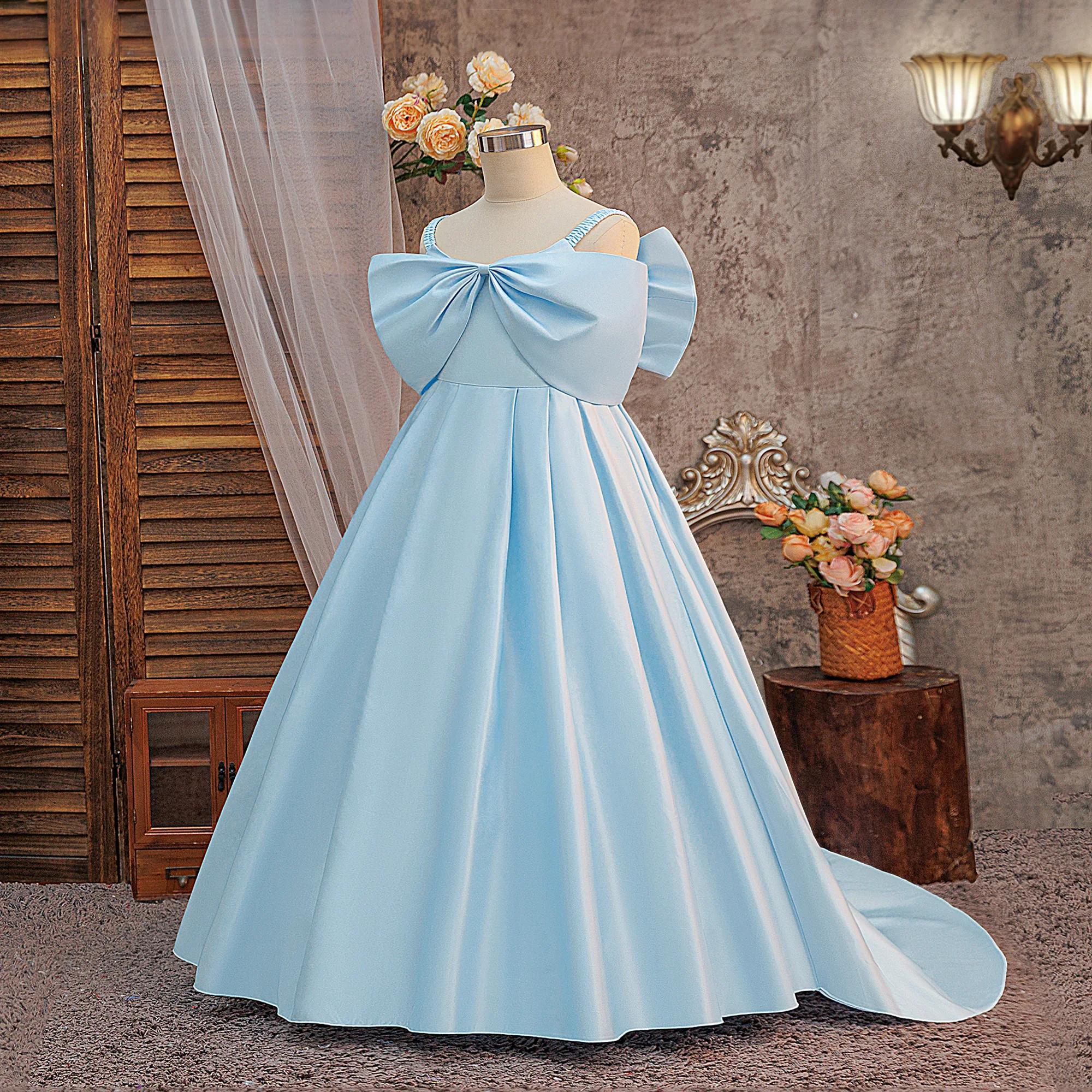 Satin-Hochzeitskleid für Mädchen, Elegantes Prinzessinnenkleid für Erstkommunion, Party, Brautjungfern, Abschlussball, Weihnachten, Neujahr, Abendkostüm – Detail 15