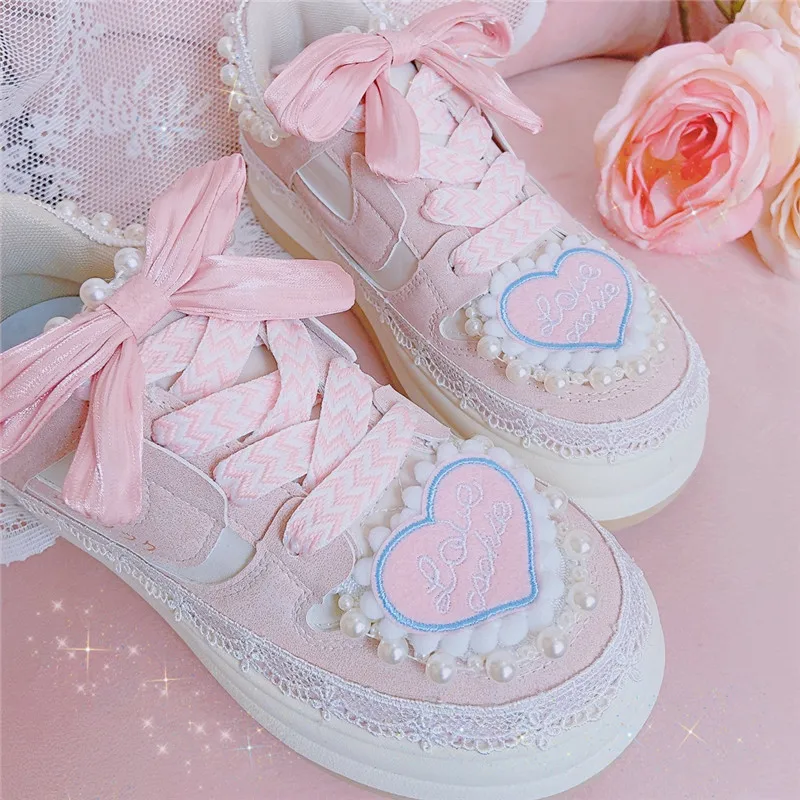 Heart Pearls Platform Sneakers Women Cute Thick Soled Casual Shoes Ladies Chunky Trainers Sweet Bow Lolita Sport Vulcanize Shoes