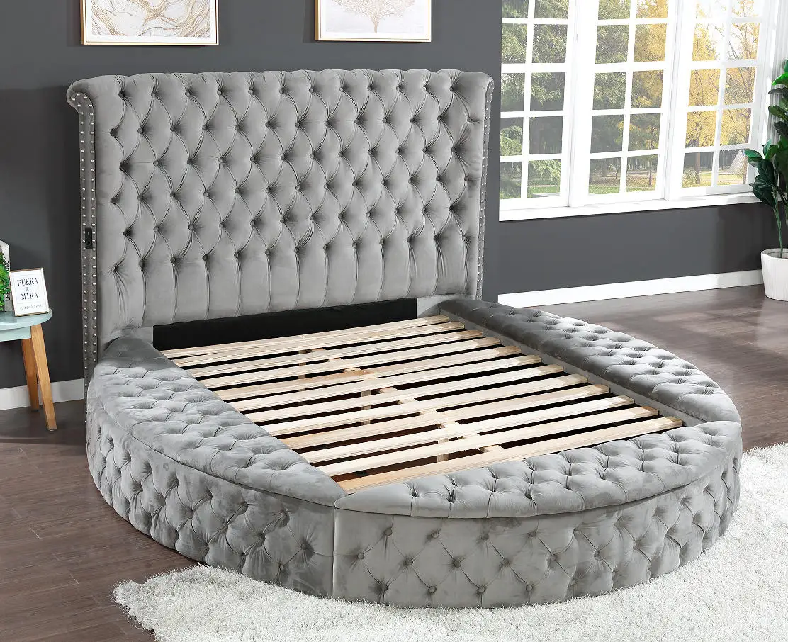 ！@Queen 5-Piece Modern Convertible Tufted Wood Bedroom Set in Gray for Apartment & Hotel Use