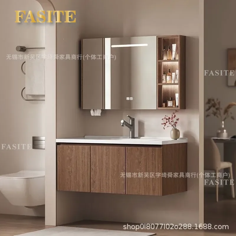 For Bathroom Solid Wood Vanity Cabinet with Ceramic Integrated Basin Antique Style Washbasin Unit Combo Mirror Storage