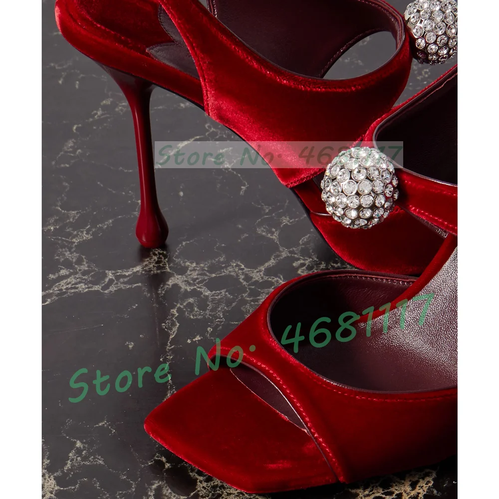 Red Velvet Square Toe Sandals With Sparkling Crystal Women Party Elegant High Heels Cross Strap Luxury Evening Dress Sandals