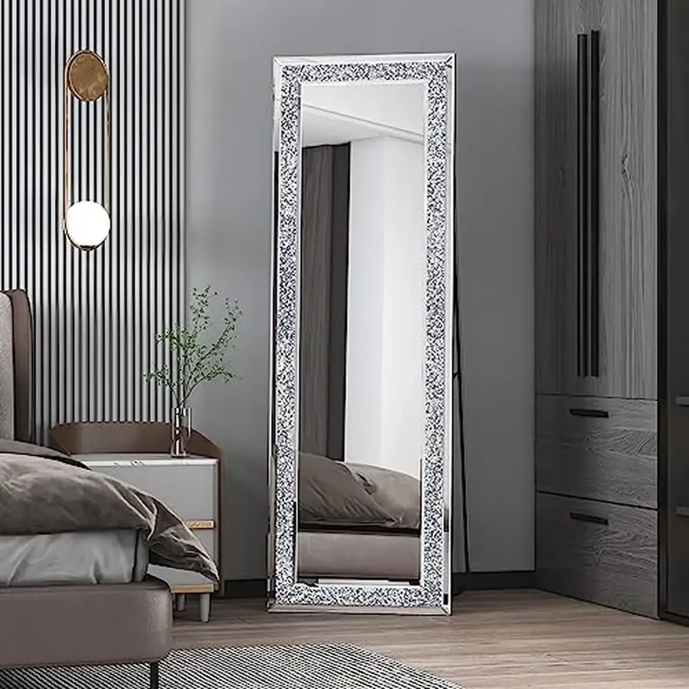 Diamond Crush Full Length Floor Mirror Standing Silver Luxury Bedroom Mirror