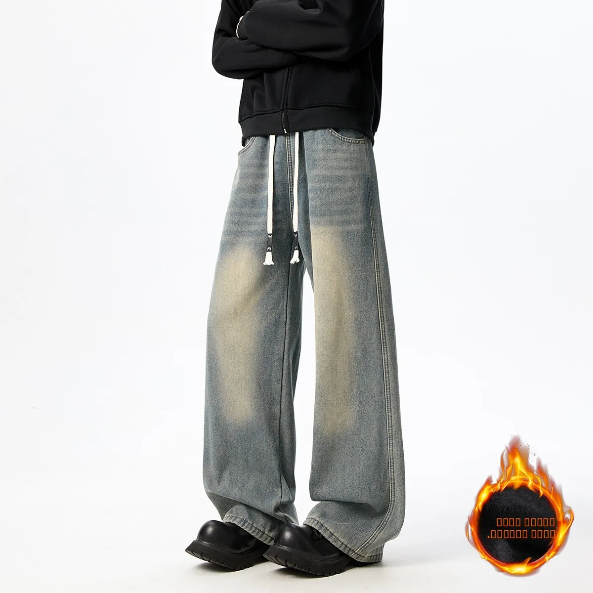 

Мужские зимние джинсы в американском ретро-стиле, утепленные флисом, повседневные, свободного прямого кроя, теплые, со средней посадкой, с поясом