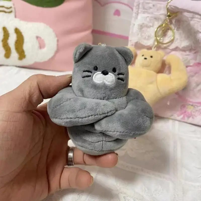 Weicher, flauschiger, grauer Muskelkatzen-Plüsch-Schlüsselanhänger, Cartoon-Plüsch-Schlüsselring, Taschenanhänger, Rucksack-Ornament, Geschenk für Katzenliebhaber – Detail 4