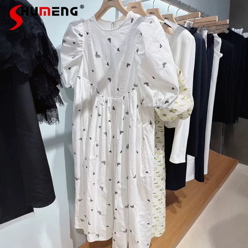 

Japanese Style Daily Basic White Casual Long Dress Summer 2025 Women's High Waist Slim Elegant Embroidered Sweet Fashion Dresses