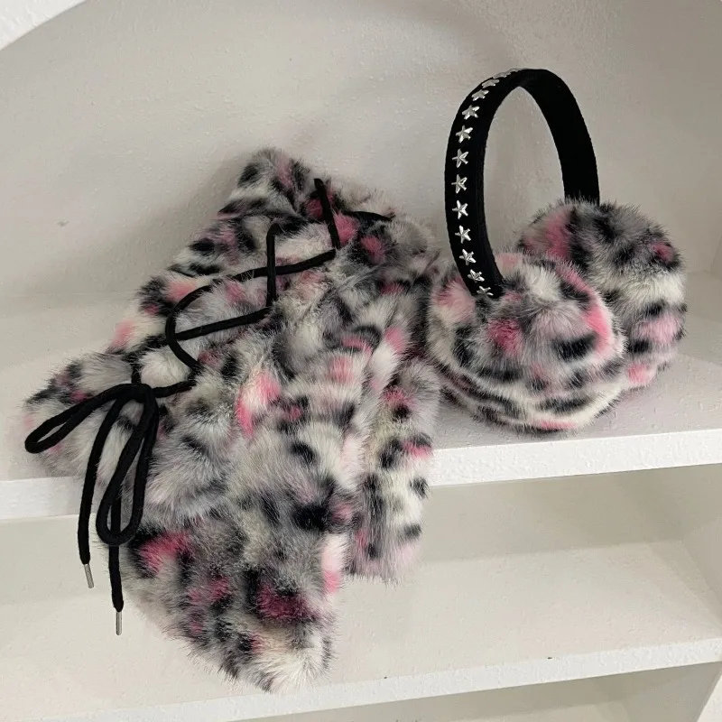 Sweet Cool Leopard Print Accessory Set, Star Stud Earmuffs, Lace-up Scarf & Long Leg Warmers, Y2K Fluffy Winter Matching Outfit