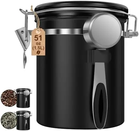 

TKSDWBLTY 2-Piece 1.5L Coffee Canister Set – Airtight 304 Stainless Steel Containers with Date Locator & Spoon