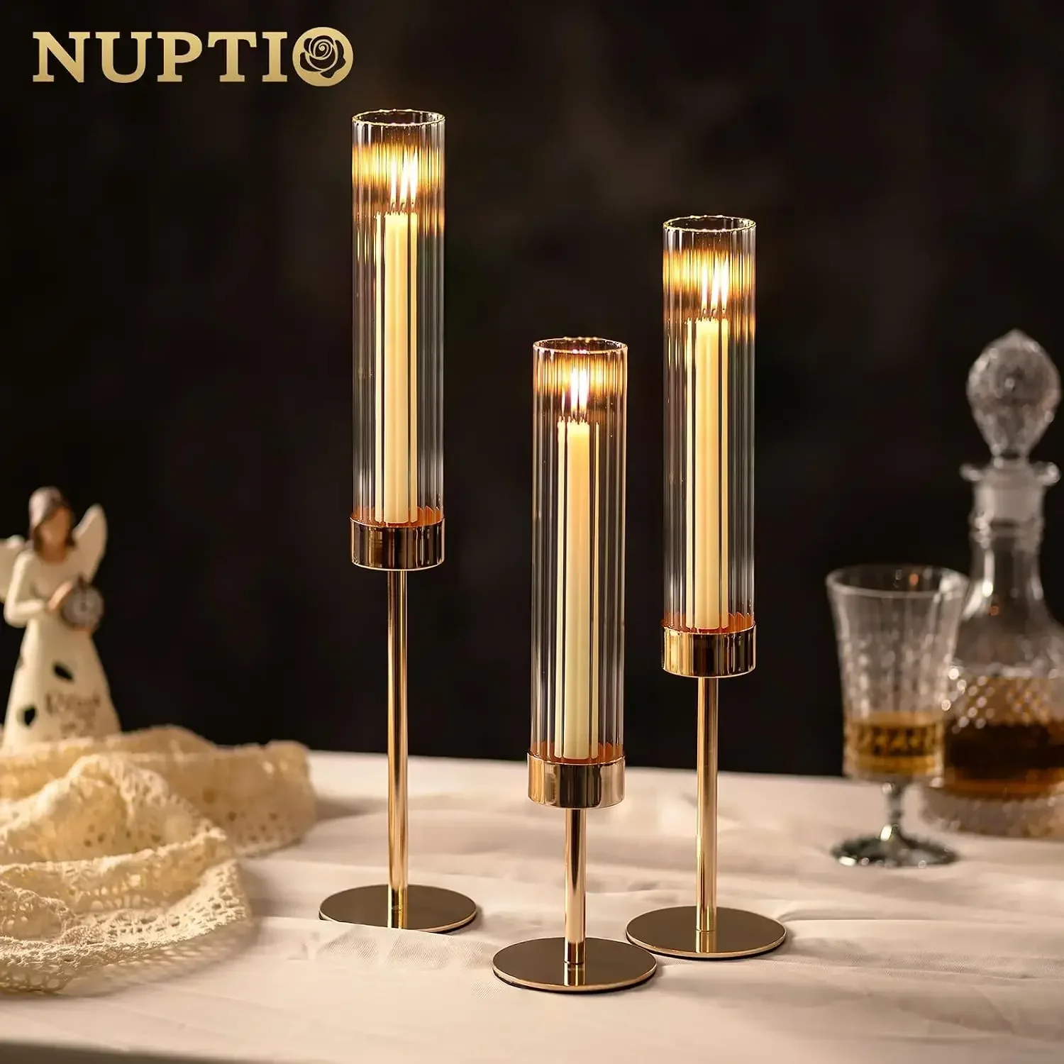 BestsellingHurricane Glass Candles Holder, 18 Pcs Gold Taper Candle Holder Bulk | Candle Stick Holder with Tall Ribbed Chimney S
