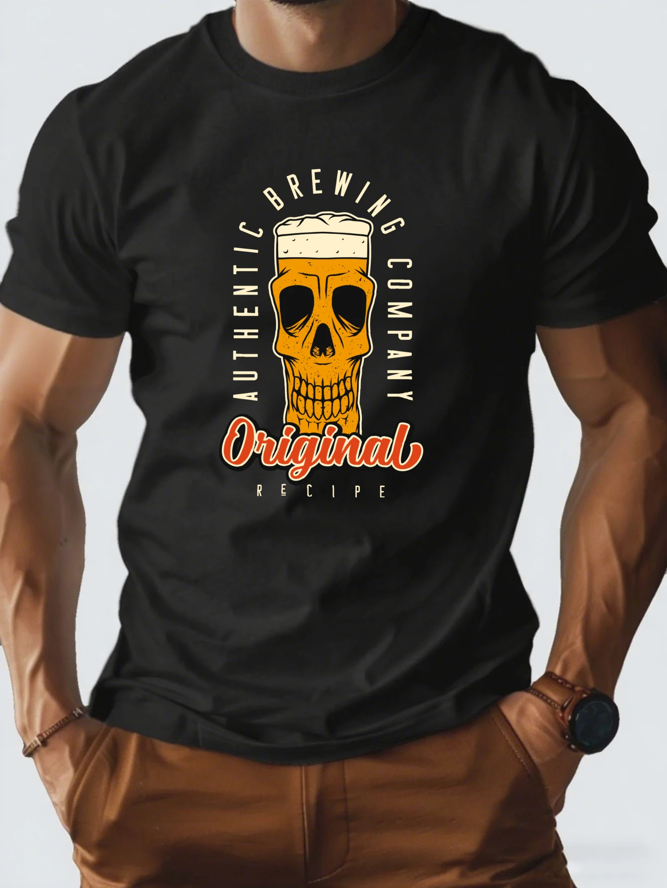 

Retro Skull Beer Graphic T-Shirt for Men, Gothic Hip Hop Short Sleeve Tee, Casual Drinking Skull Print Tops