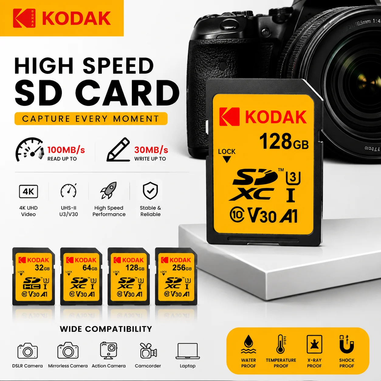 KODAK SDXC Speicherkarte 32GB 64GB 128GB 256GB U3 V30 Klasse 10 Hochgeschwindigkeits-SD-Karte 4K UHD Videoaufnahme für Kamera DSLR