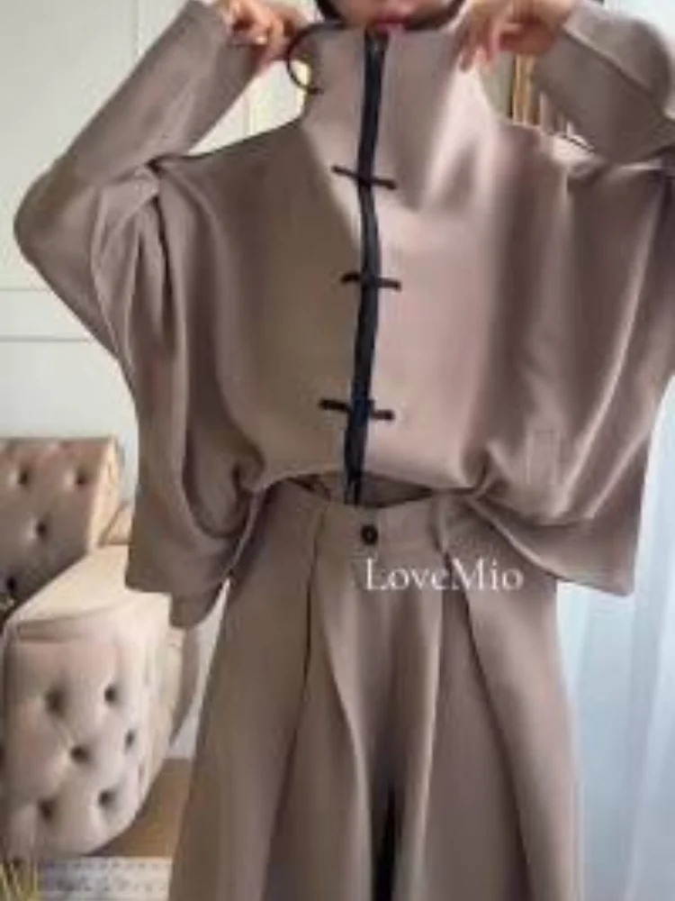 Tang Coffee Suit Two Piece Set Mandarin Collar Frog Button Top Wide Leg Cropped Pants Sets Lady Chic Retro Oriental Daily Wear