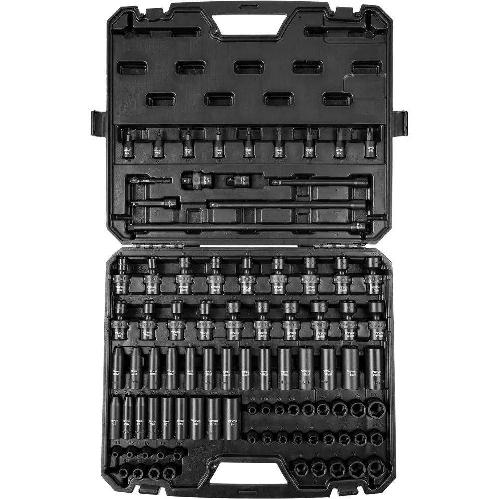 

VEVOR 90 PCS 3/8" Drive Impact Socket Set CR-MO SAE 1/4"-3/4" Metric 6-19mm Shallow Deep Swivel ETorx Bit Sockets Extension Bars