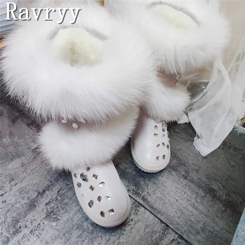 Bling Crystal Fur Genuine Leather Women Boots Handmade Custom Luxury Rhinestones Thick Sole White Snow Boots