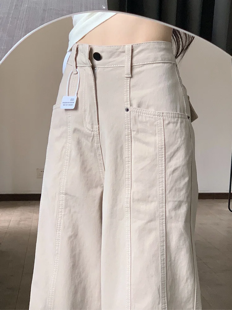 ハイウエストワイドレッグデニムパンツ レディース 春秋 ゆったり ルーズフィット ワークウェア ジーンズ ストレートカット 細見え効果