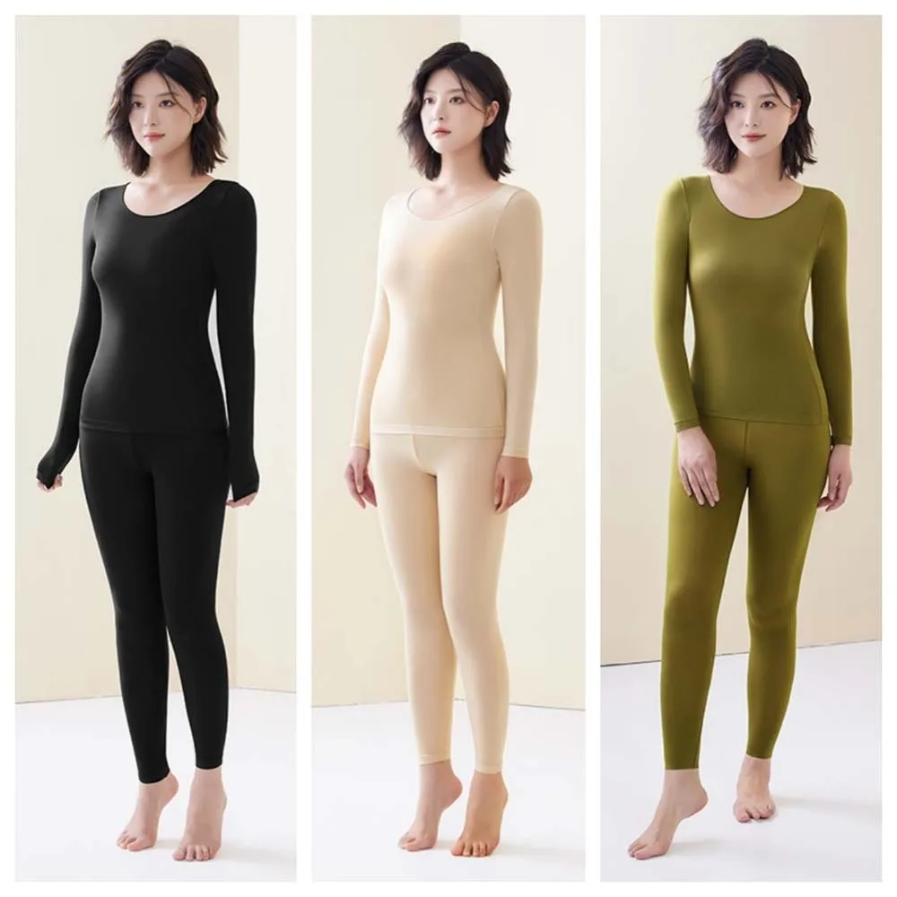 

Ultra Thin Women Thermal Clothes Tops and Pants Set Invisible Thermal Underwear Round Neck Feel Heating Warmth Long Pants Lady