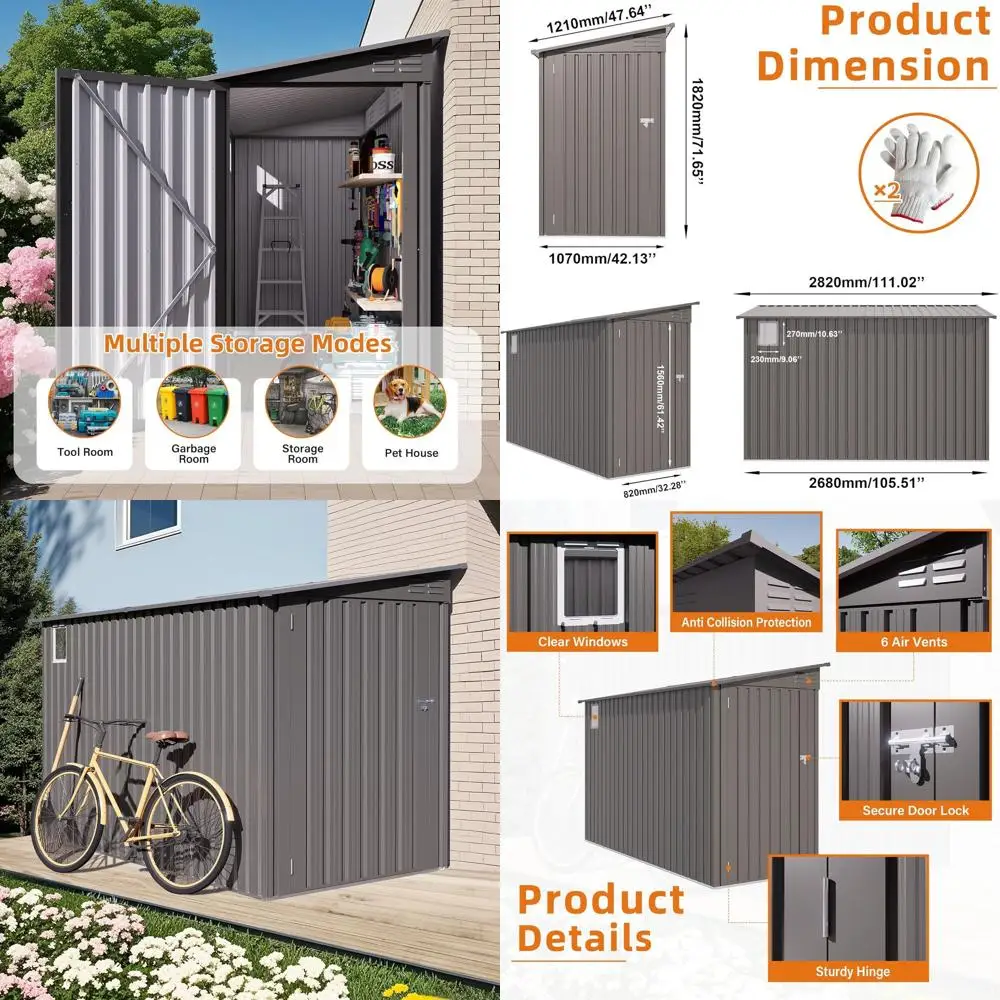 

Серый металлический уличный навес 4x9 с окнами, 6 вентиляционных отверстий и боковыми дверцами для хранения на заднем дворе или патио