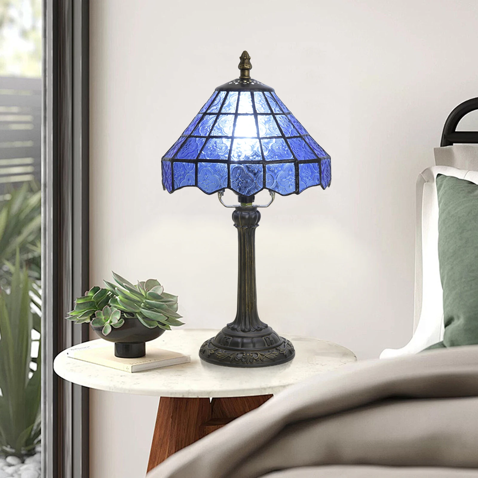 Modern Table Lamp Stained Glass Desk Lamp Deep Blue Bedside Reading Light Decor Bedroom Living Room Home Office