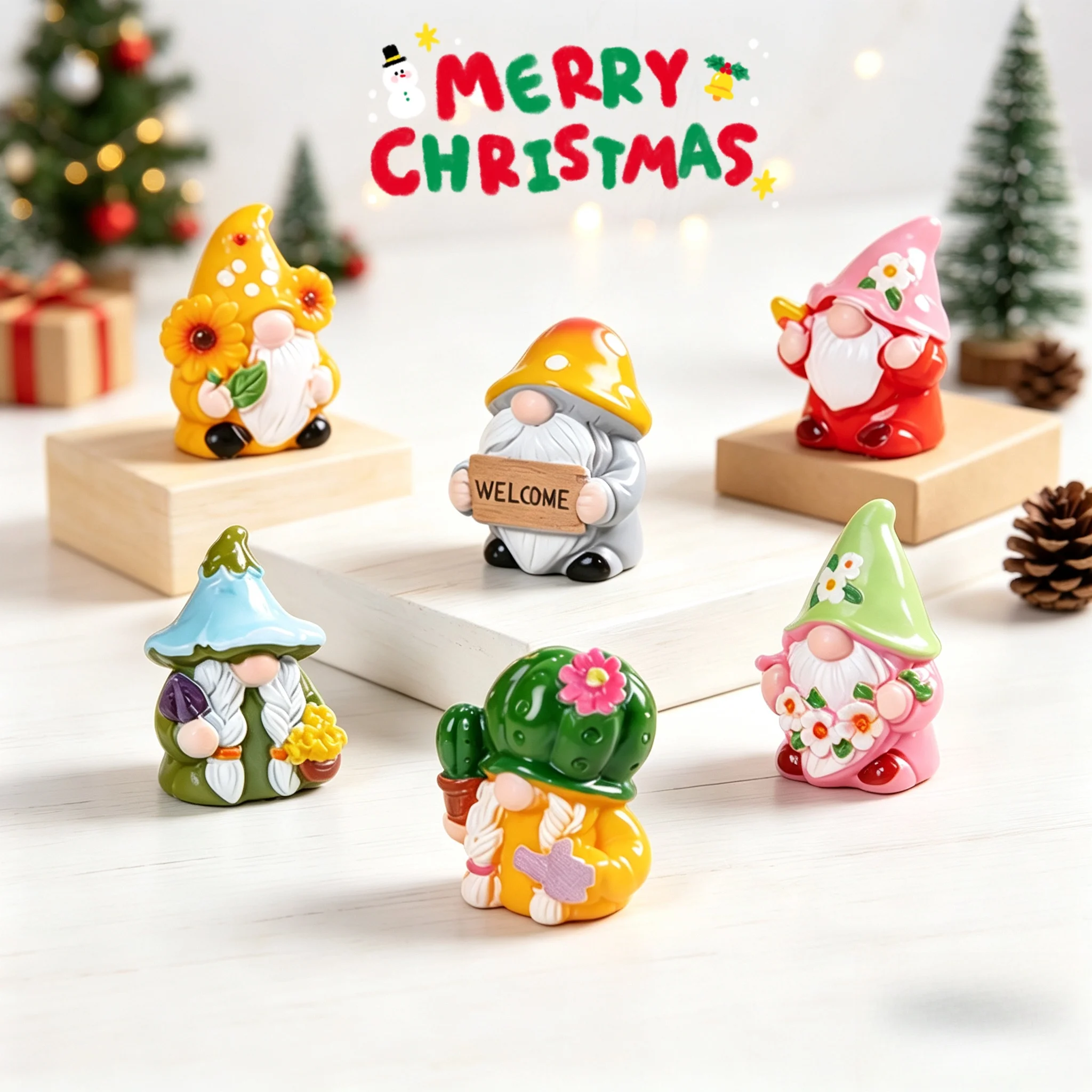 Mini 6Pcs Gnome Figurines Resin Crafts Micro Landscape Ornaments Car Desktop Lawn Decor Elf Bonsai DIY Christmas Decorations
