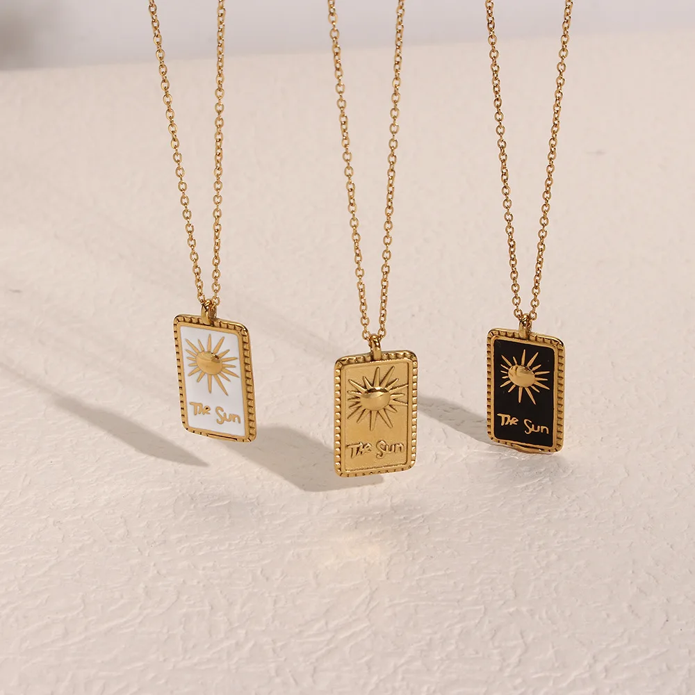 2022 New Individuality Dainty Tarot Necklace Stainless Steel Square Relief Sun Moon Star Pendant Necklace