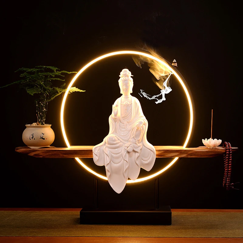 Chinese-Style Large Foyer Lamp, Zen-Inspired Ornament, Goat-Fat Jade Porcelain Guanyin Statue, High-End Wellness Center Home Dec