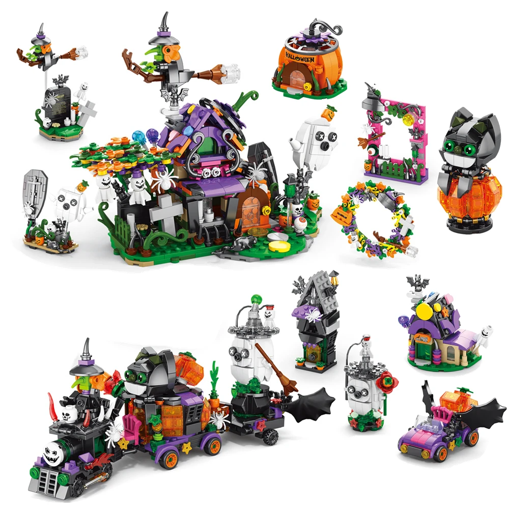 Halloween Horror Haunted House Ghost Train 6-In-1 Model Building Blocks Bricks Set Toys For Children Kids Gift