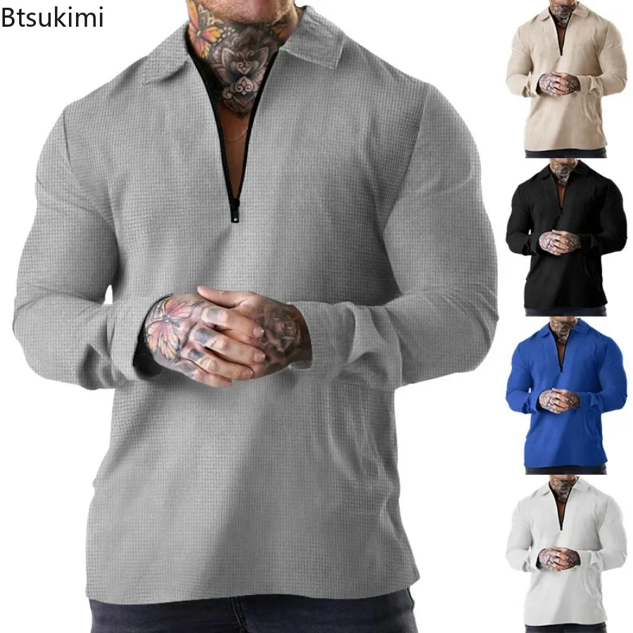 

New Men's Long-sleeved Polo Shirts Comfort Breathable Waffle Solid T-shirt Fashion Half Zip Lapel Casual Golf Sport Tops for Man