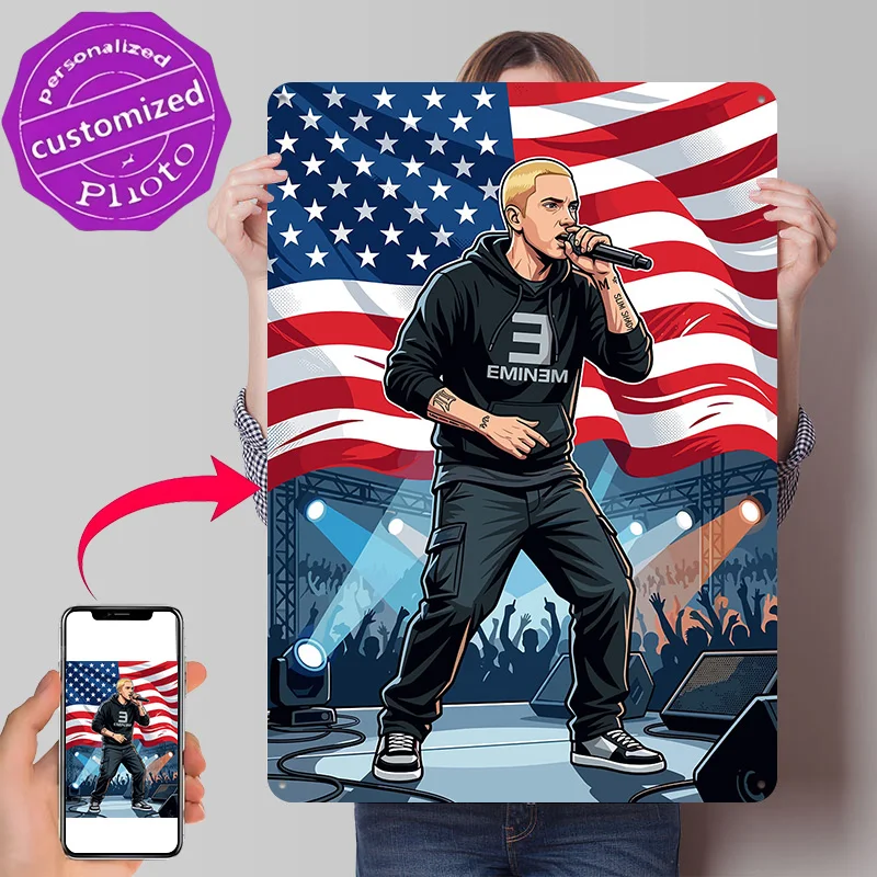 Eminem Performing on Stage Personalized 3D Textured Metal Poster Wall Art Tinplate Sign for Decor Room Luxury Decoration Home
