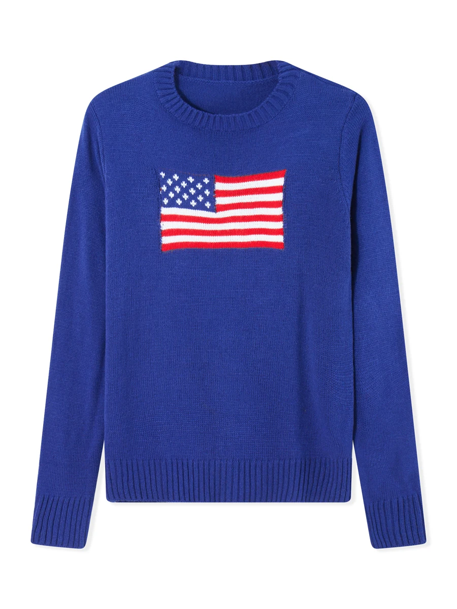 American Flag Sweater for Women Casual Long Sleeve Crew Neck  Fit Knit Pullover Sweater Y2k USA Knit Jumper Top