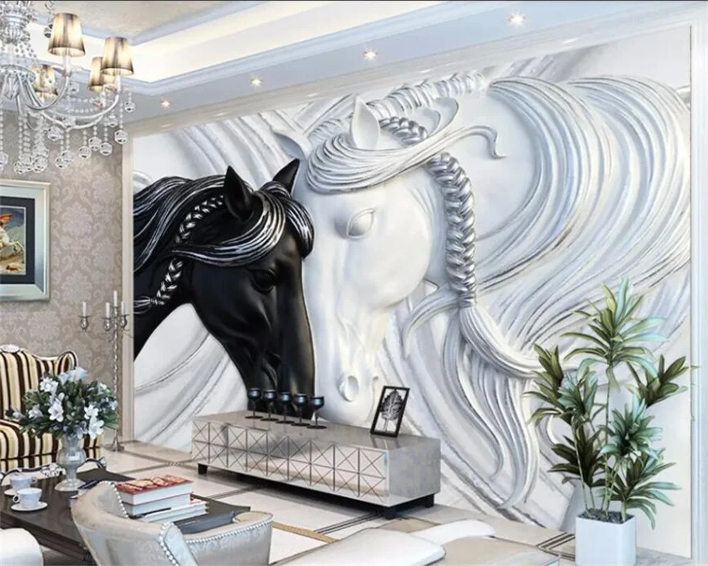 Custom wallpaper 3d fashion black and white double horse relief background wall outheast Asia Thai Indian style elephant murals