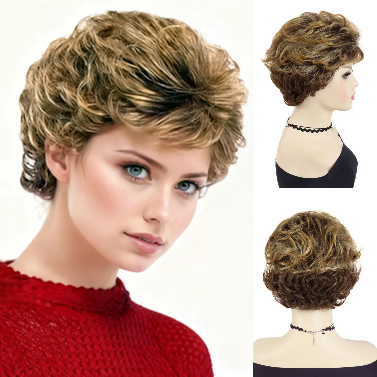 

Synthetic Hair Blonde Mix Brown Short Pixie Cut Wigs with Bangs for Women Fluffy Wavy Layered Old Lady Wig Daily Heat Resistant