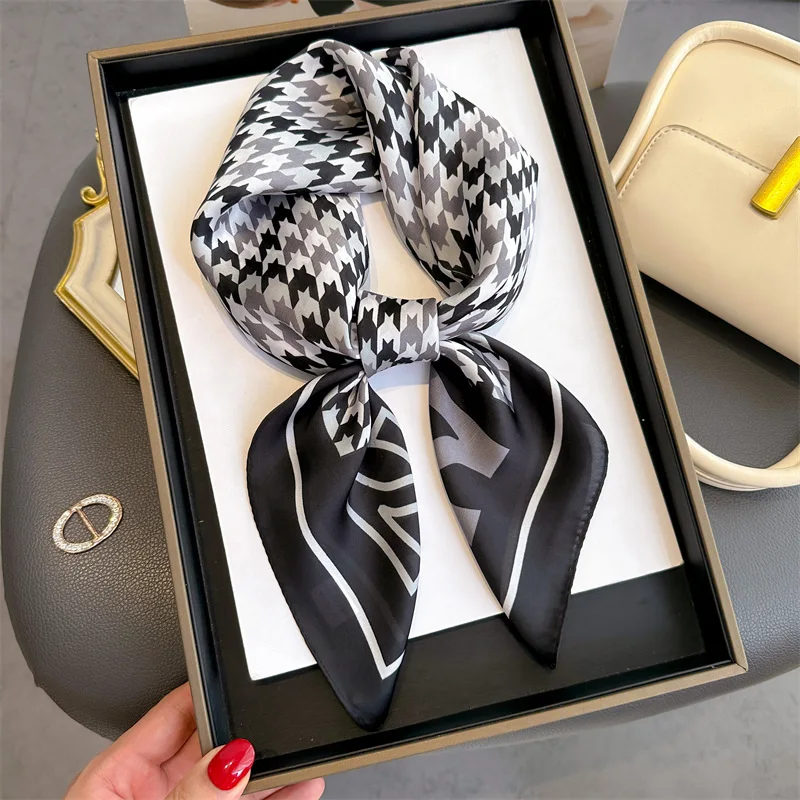 

Luxury Houndstooth Square Scarf Women 70*70cm Silk Scarf Hijab Fashion Neckerchief Ribbon Hairband Soft Satin Headband Ribbon