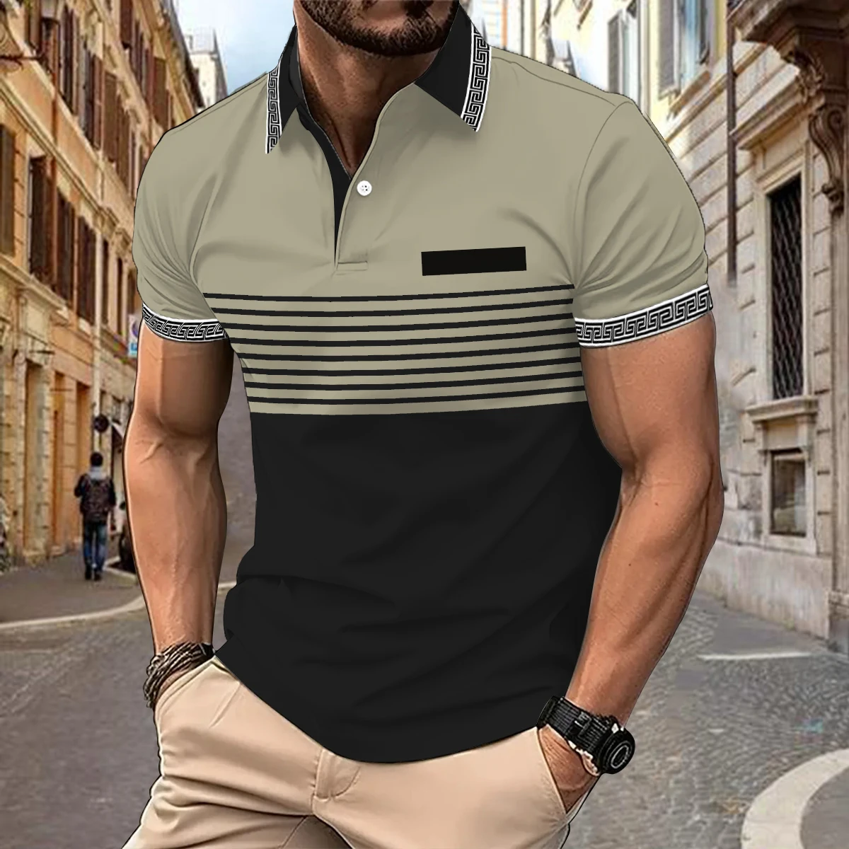 Plate-size Striped Solid Color Matching Loose Fashion Trend Casual Digital Printed Short-sleeved Lapel Polo Shirt