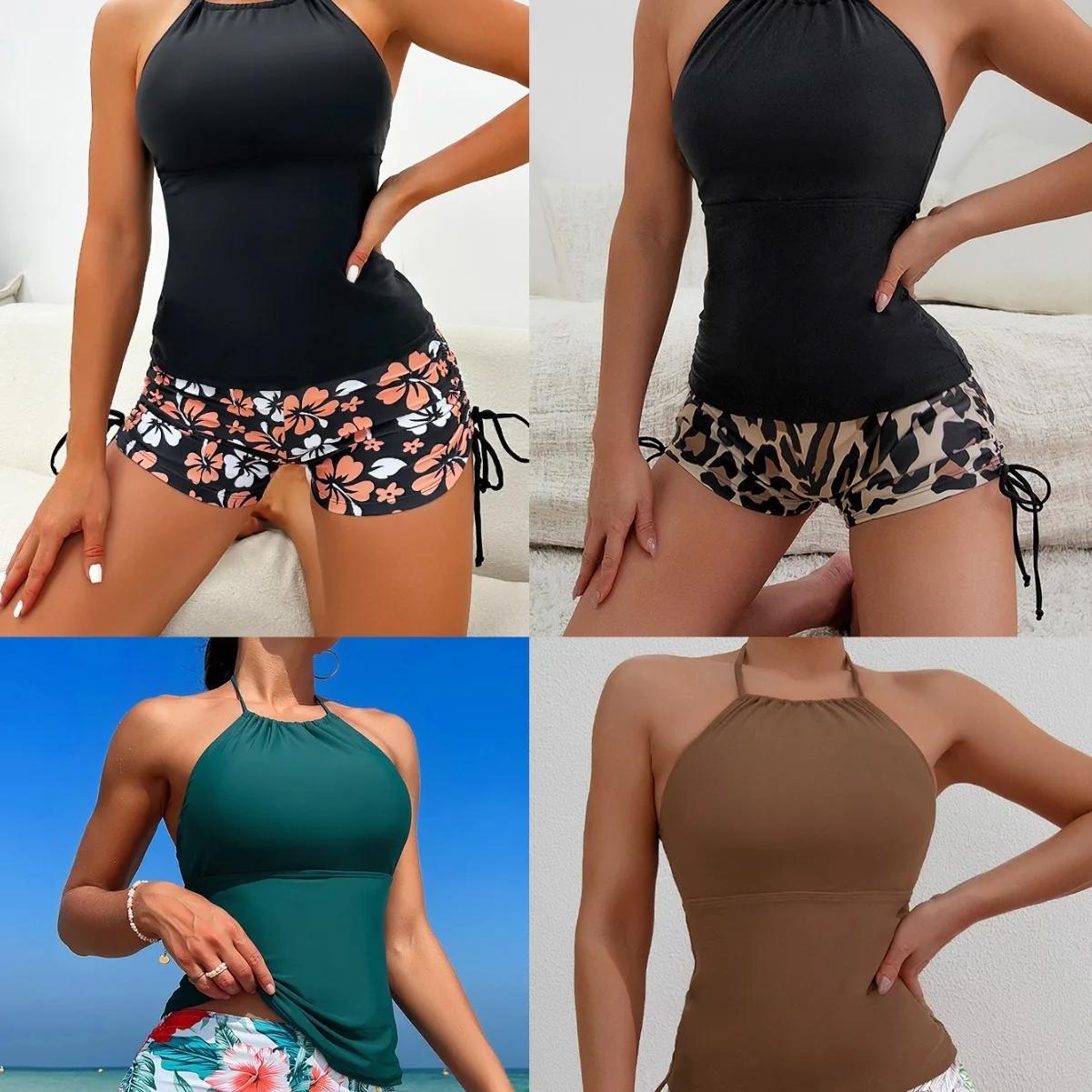 2024 Neuer Tankini-Ausschnitt mit hängendem Druck, sexy, rückenfrei, Bikini, geteilter Badeanzug für Frauen