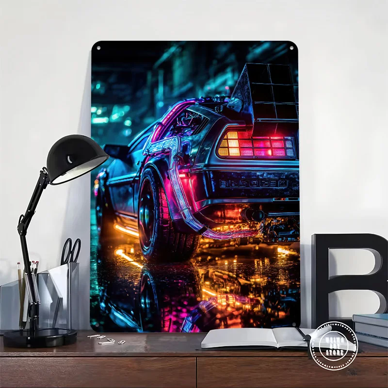 Cyberpunk DeLorean Time Machine Printed Poster Customized Wall Art Retro Vintage Metal Tin Signs for Garage House Decor Man Cave