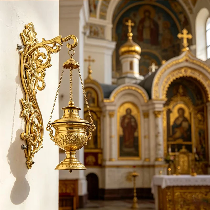 Gold Plated Orthodox Wall Mounted Hanging Incense Burner with Ornate Floral Carving for Church Altar Liturgical Religious Servic