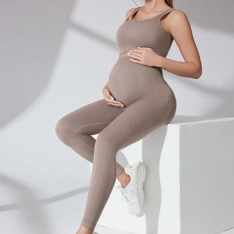 Pregnant Women Yoga Workout Outfit Maternity Seamless Crop Tank Top + Belly Support Leggings Stretchy Pregnancy Two-piece Set