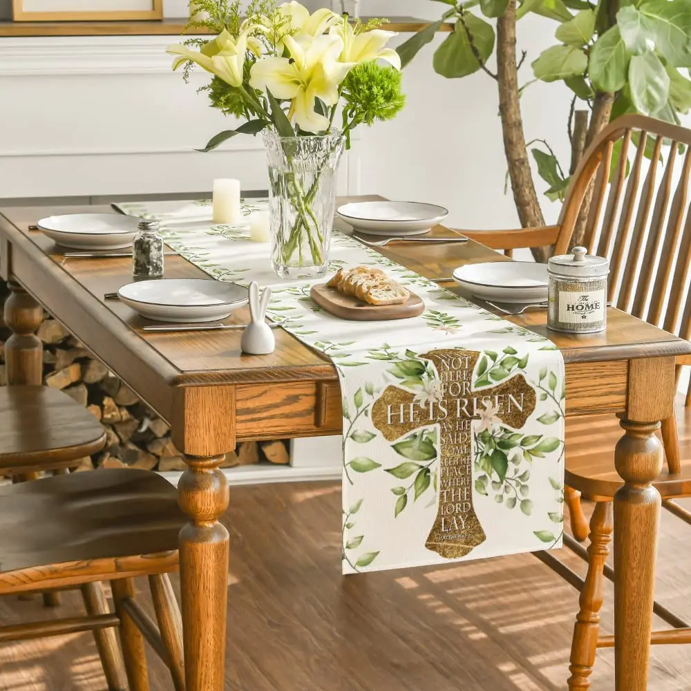 Cross He is Risen Easter Table Runner Farmhouse Spring crucifix Check Plaid Dining Table Decoration For Indoor Outdoor