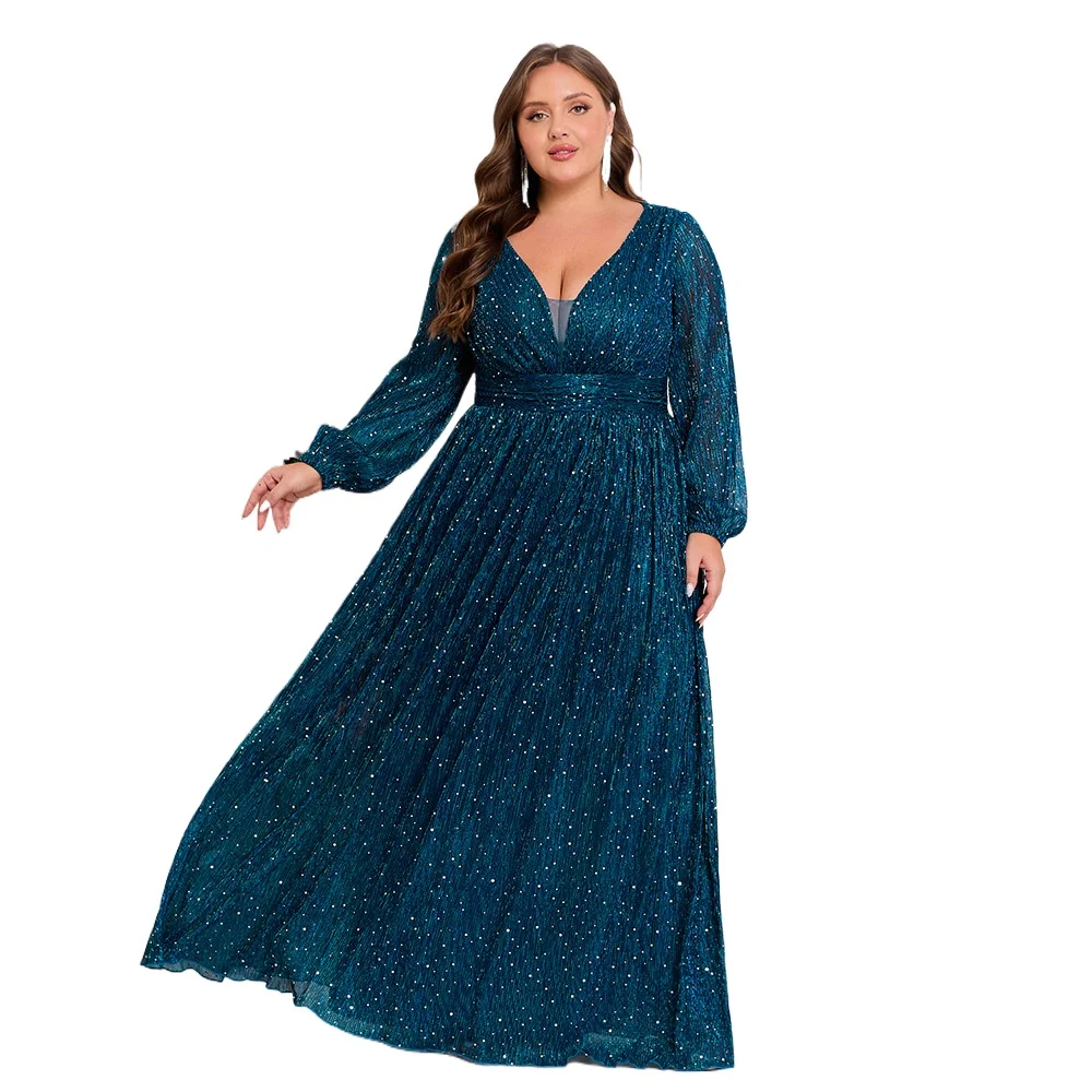

Elegant V-neck Sequined Long Formal Evening Plus Size Dress With Long Sleeves Blue
