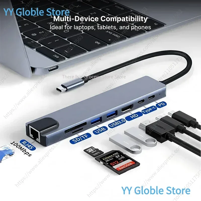 Hub USB C 8-en-1 : Adaptateur Ethernet RJ45, lecteur de cartes SD/TF, charge PD, HDMI 4K, station d'accueil pour MacBook iPad Pro