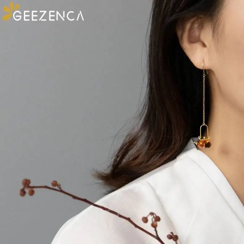925 Sterling Silver Natural Amber Teapot Drop Earrings Fine Jewelry Chinese Style Trendy Original Design Earrings Girl Gift M008