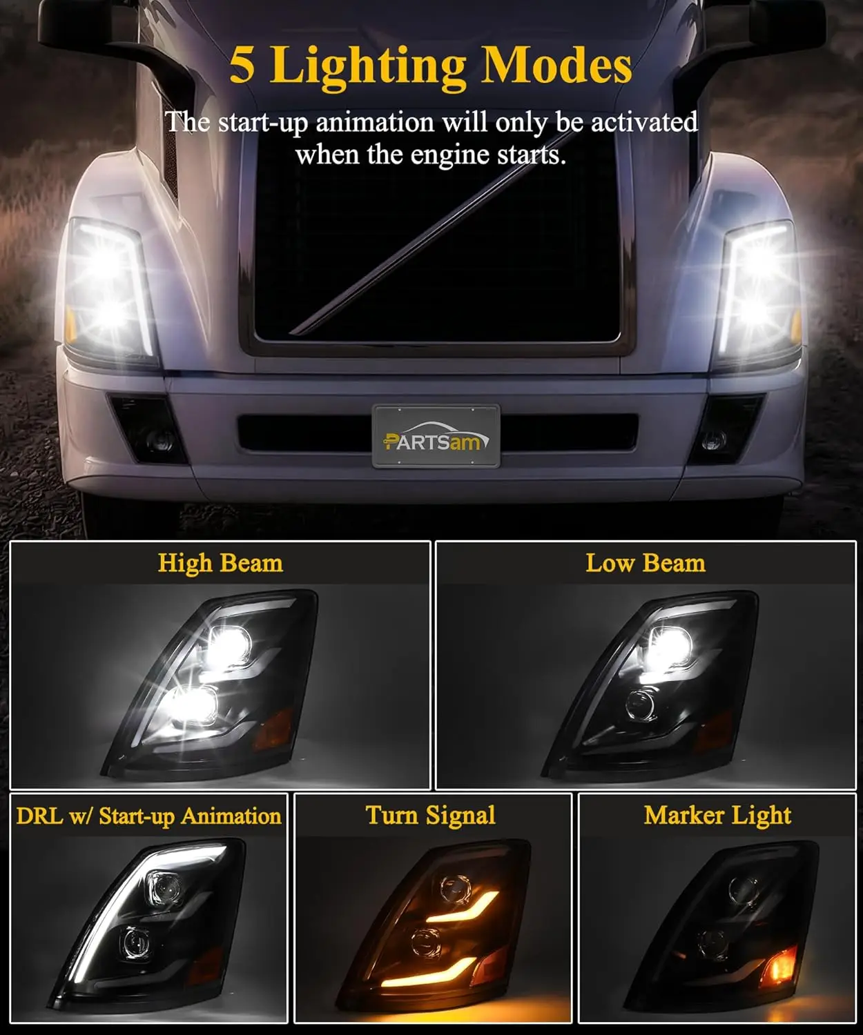 LED Headlights Assembly with Start Animation, High/Low Beam, Sequential Turn Signal, DRL & Marker Lights, DOT Approved, IP67 650