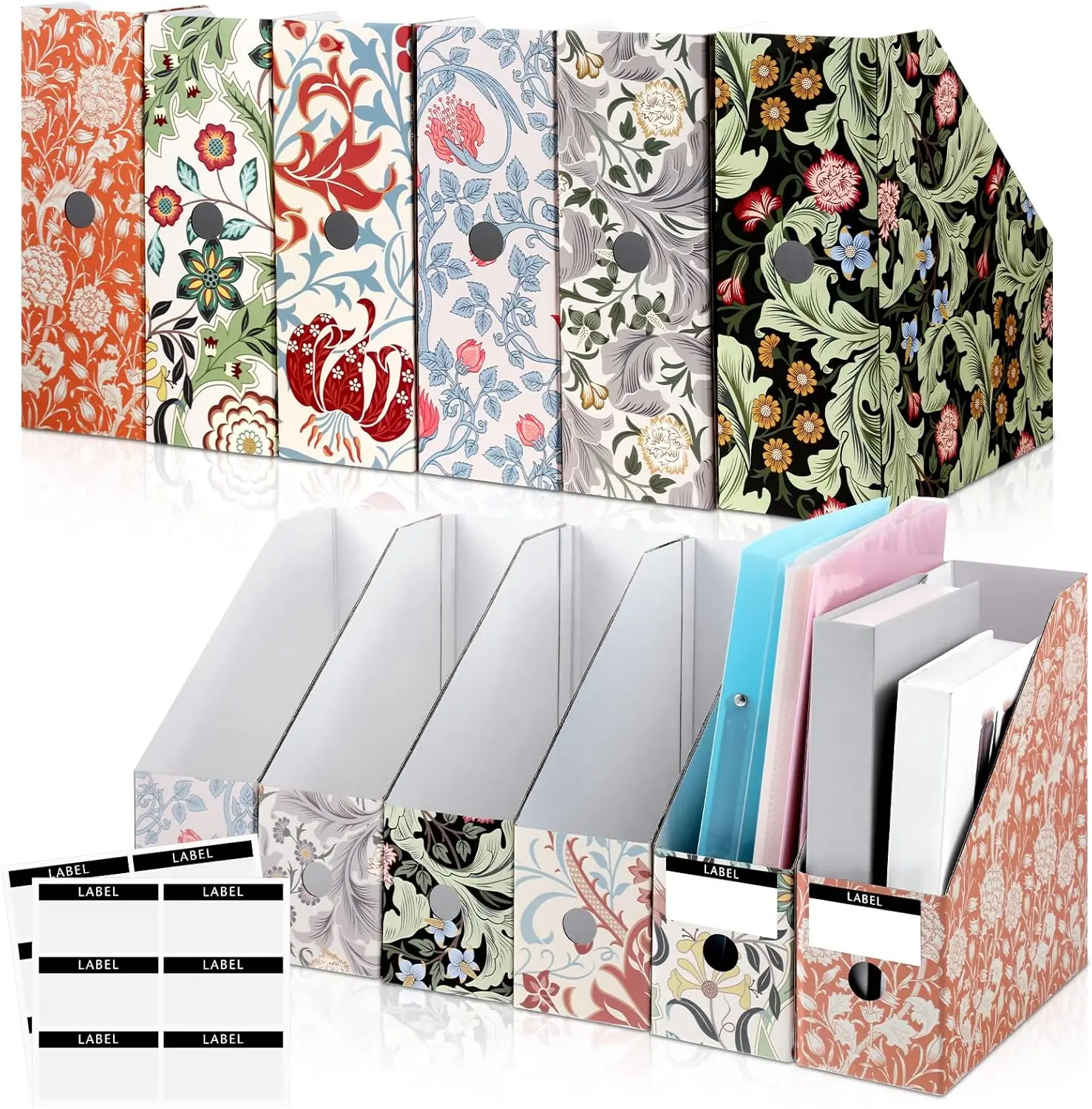 Floral Magazine File Holders, 6-Pack Foldable Storage Boxes with Labels for Office Home School Organization