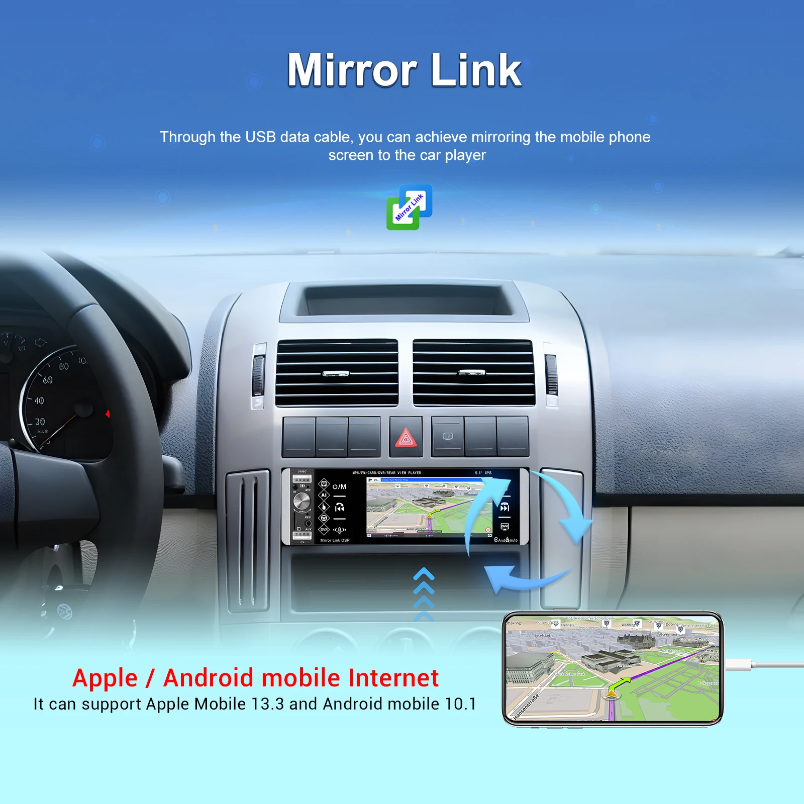 Hikity AI Voice Carplay Android Auto 5.1'' Car Radio 1 Din FM SD DVR Touch Screen HD Car MP5 Audio Multimedia Player images - 6