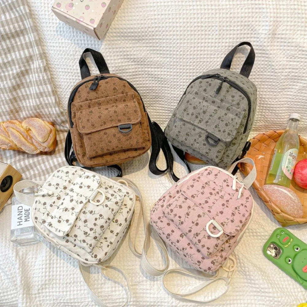 Fashion Mini Travel Backpack Adjustable Shoulder Strap Corduroy Small Backpack Flower Pattern Students Schoolbag Women