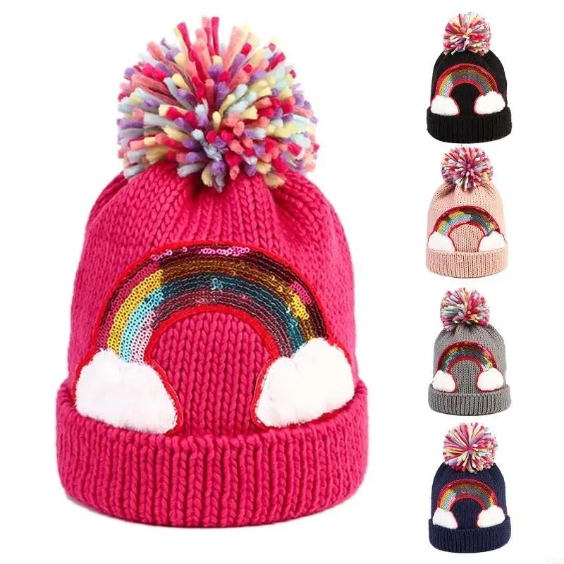 

C63C Sweet Children Knit Hat with Rainbow Casual Beanie Hat Gift for Christmas