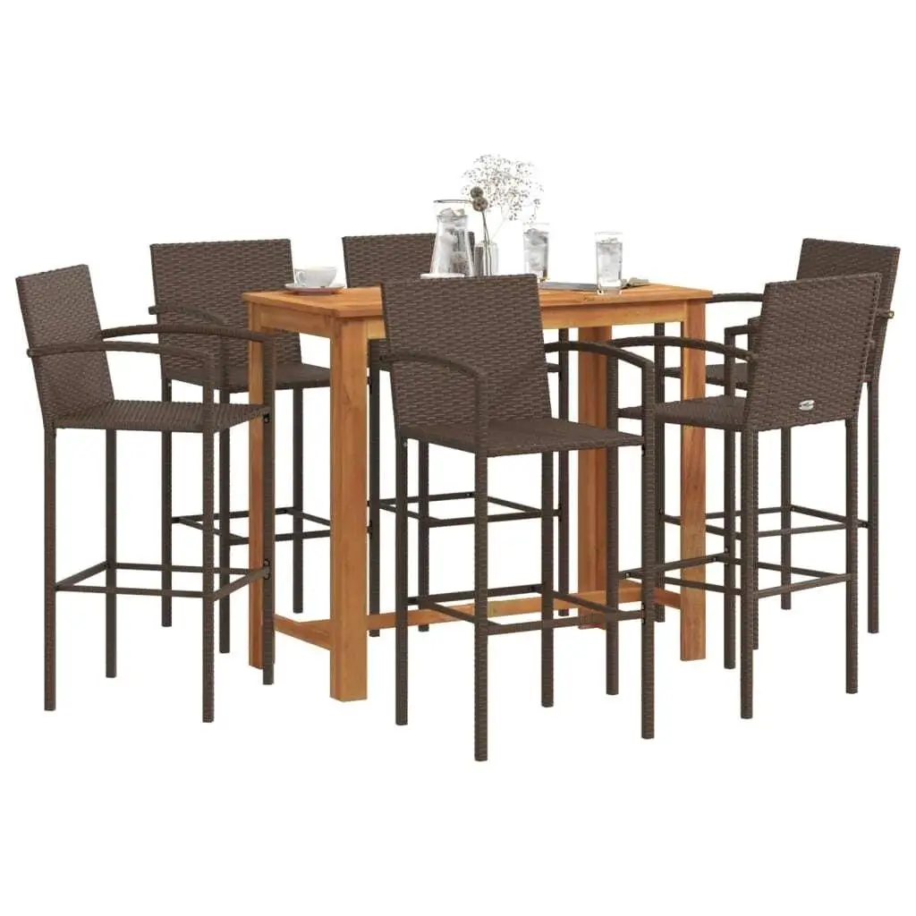 7-Piece Brown Acacia Wood & Poly Rattan Patio Bar Set - Stylish Outdoor Furniture