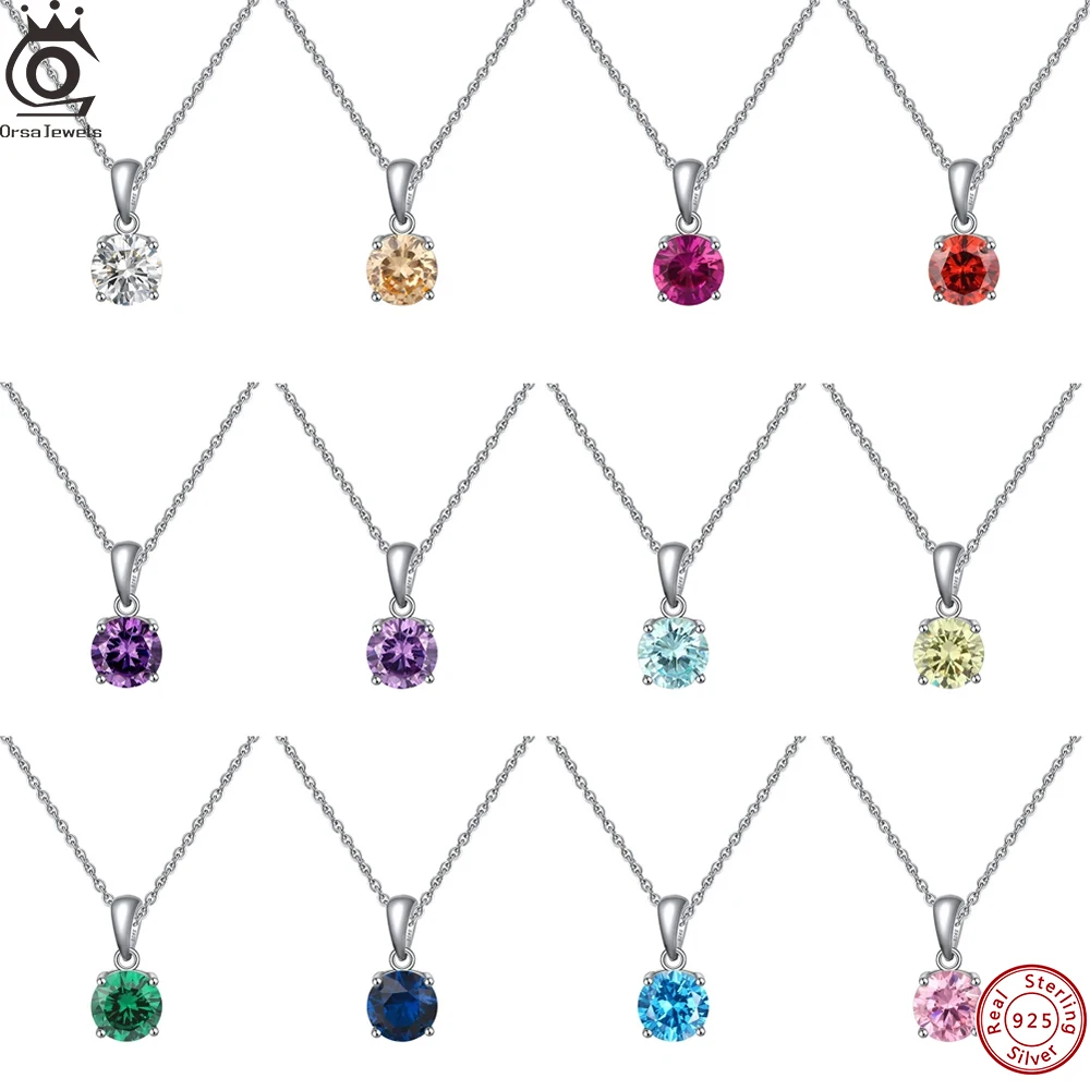 

ORSA JEWELS Цвета Круглый Циркон Кулон Ожерелье Стерлингового Серебра 925 Цепочка для Женщин Девочек Камень Колье Цепи Ювелирные Изделия SN118