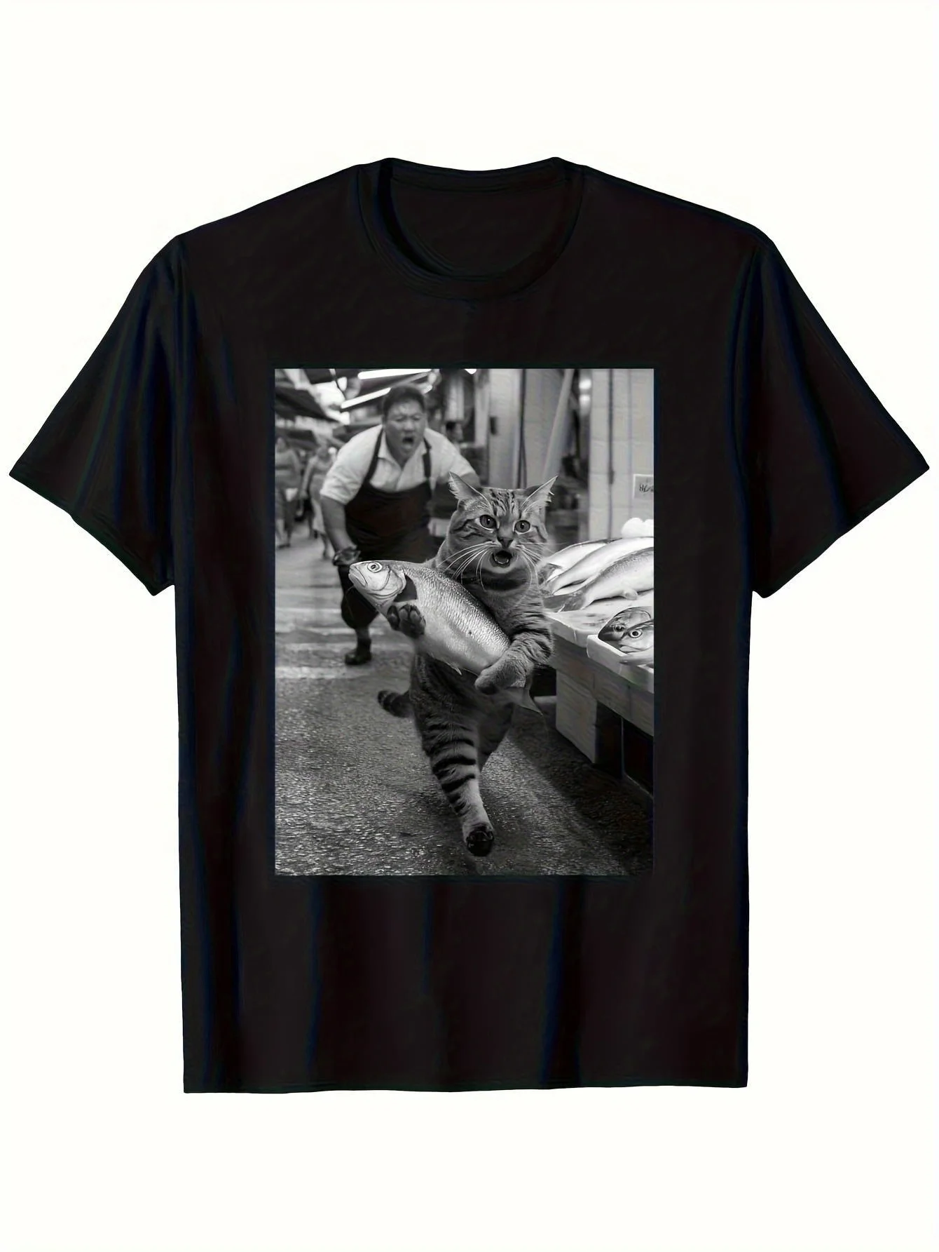 Funny Cat Steals Fish Market Graphic Tee - Vintage Monochrome Fishing Mishap Shirt - Soft Breathable Cotton T-Shirt for Men & Women