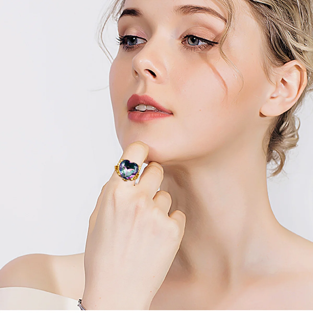 12*12mm Großer Herz-Mystic-Topas-Ring aus Gold für Frauen, Regenbogen-Feuerstein, Hochzeits- und Verlobungsschmuck, Accessoires, Geschenk für die Ehefrau, heiß begehrt – Detail 6