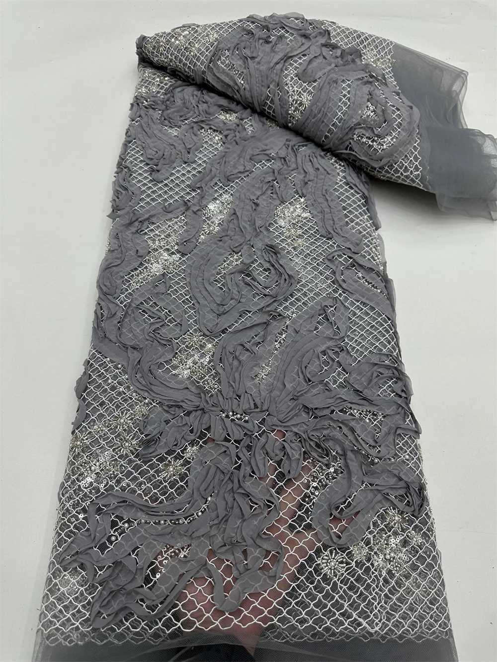 

3D цветок кружевная ткань с вышивкой цветок 2025 африканский нигерийский тюль с блестками 3D аппликация сетка для свадебного вечернего платья